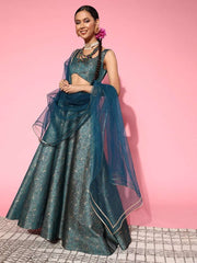 Beautiful Teal Woven Design Semi-stitched Lehenga Choli With Dupatta - Inddus.com
