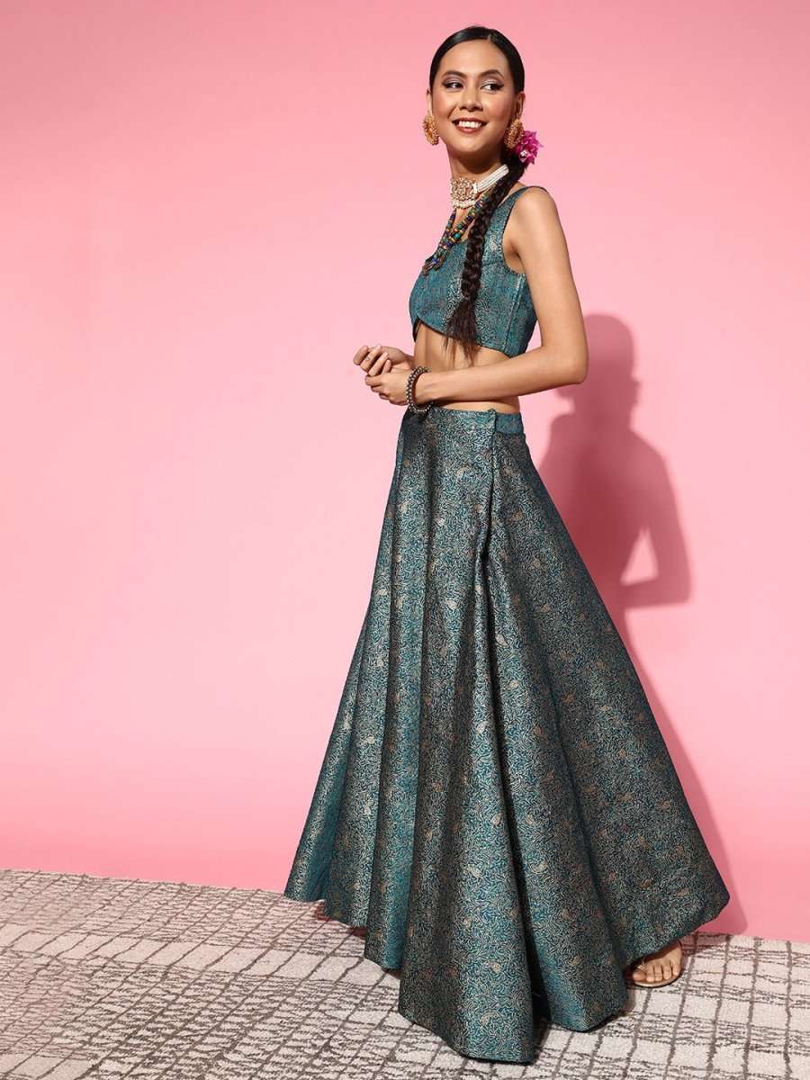 Beautiful Teal Woven Design Semi-stitched Lehenga Choli With Dupatta - Inddus.com