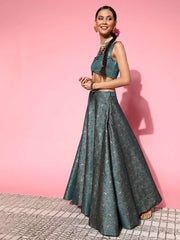 Beautiful Teal Woven Design Semi-stitched Lehenga Choli With Dupatta - Inddus.com