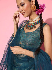 Beautiful Teal Woven Design Semi-stitched Lehenga Choli With Dupatta - Inddus.com