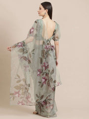 Beige and Green Floral Print Organza Saree - Inddus.com