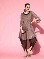 Beige and Grey Printed Embroidered Kurta with Dhoti Pants - Inddus.com