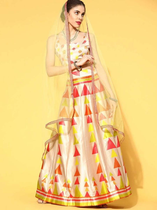 Beige and Neon Lehenga with Dupatta and Blouse - Inddus.com