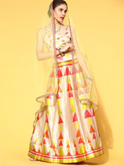 Beige and Neon Lehenga with Dupatta and Blouse - Inddus.com