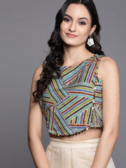 Beige & Blue Geometric Printed Crop Top - inddus-us
