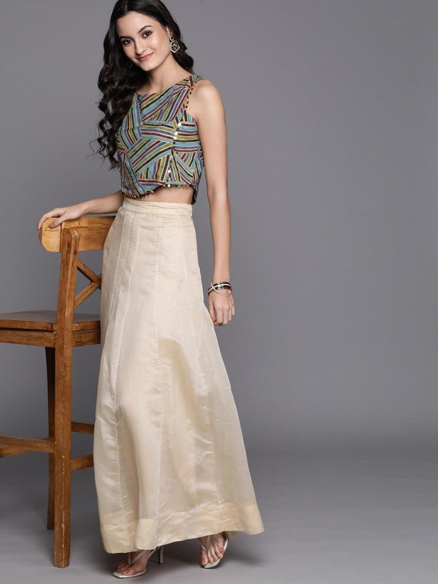 Beige & Blue Geometric Printed Crop Top - inddus-us