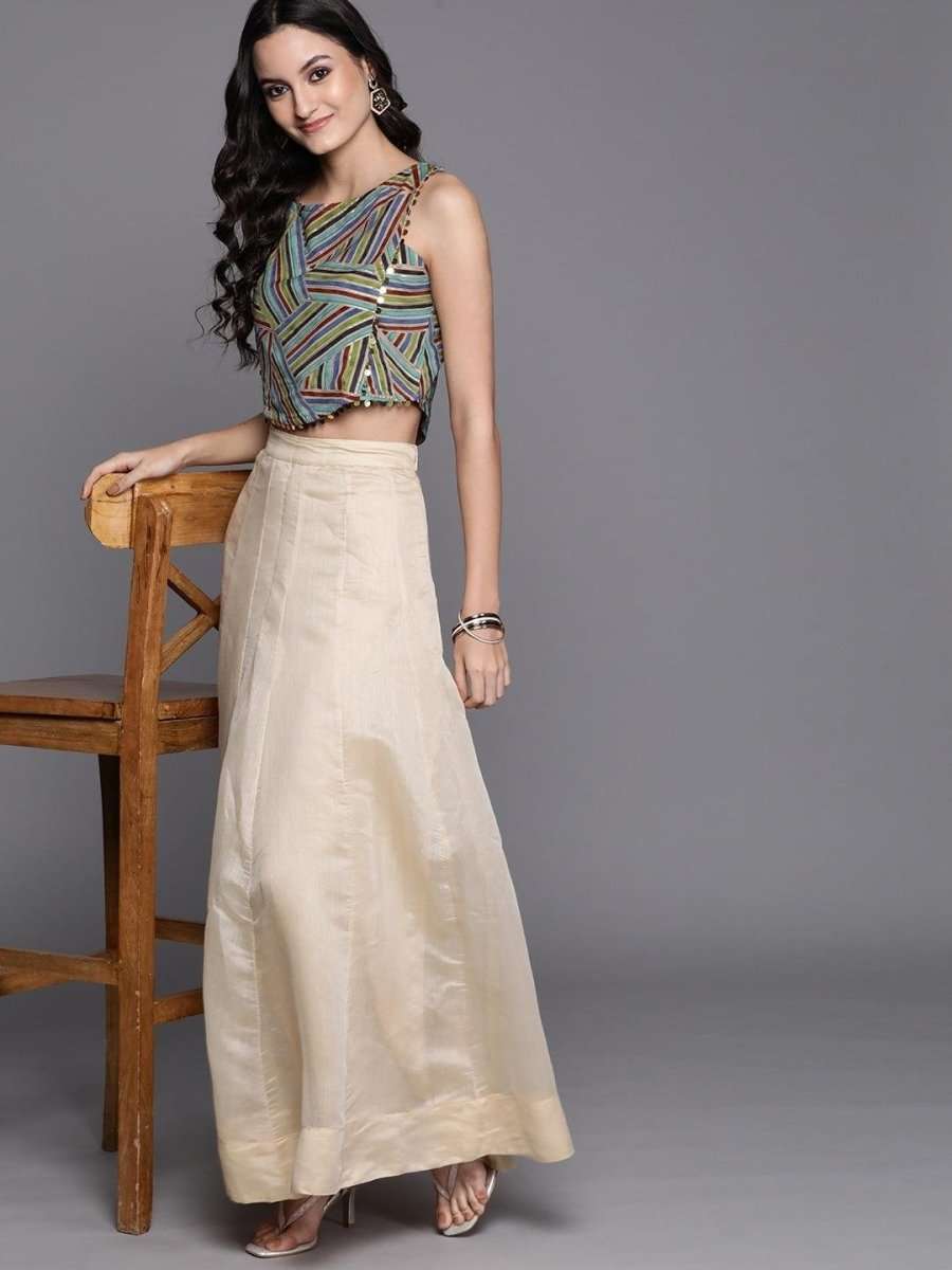 Beige & Blue Geometric Printed Crop Top - inddus-us