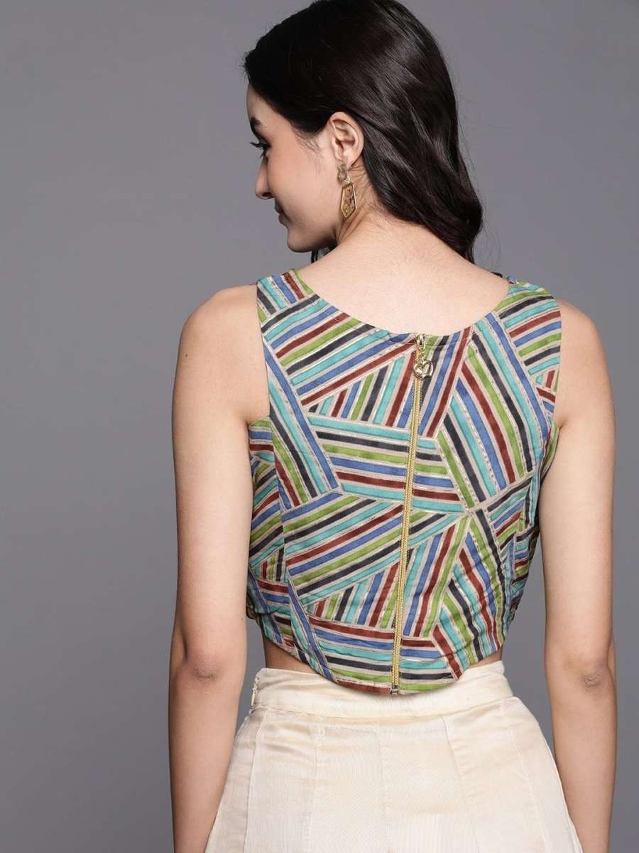 Beige & Blue Geometric Printed Crop Top - inddus-us