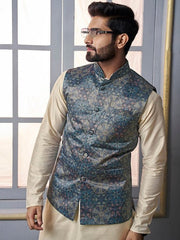 Beige & Blue Mandarin Collar Kurta Trousers with jacket - Inddus.com