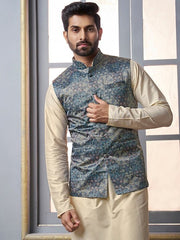 Beige & Blue Mandarin Collar Kurta Trousers with jacket - Inddus.com