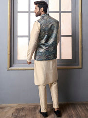 Beige & Blue Mandarin Collar Kurta Trousers with jacket - Inddus.com