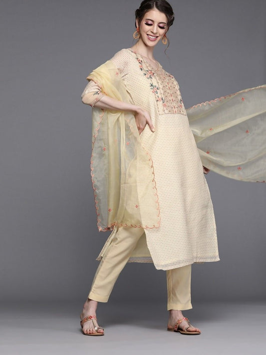 Beige Chanderi Cotton Printed Straight Cut Suit - inddus-us