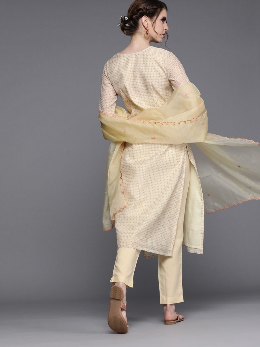 Beige Chanderi Cotton Printed Straight Cut Suit - inddus-us