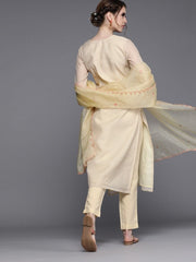 Beige Chanderi Cotton Printed Straight Cut Suit - inddus-us