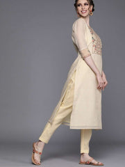 Beige Chanderi Cotton Printed Straight Cut Suit - inddus-us