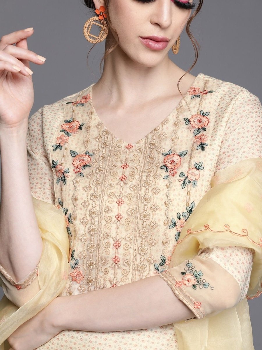 Beige Chanderi Cotton Printed Straight Cut Suit - inddus-us