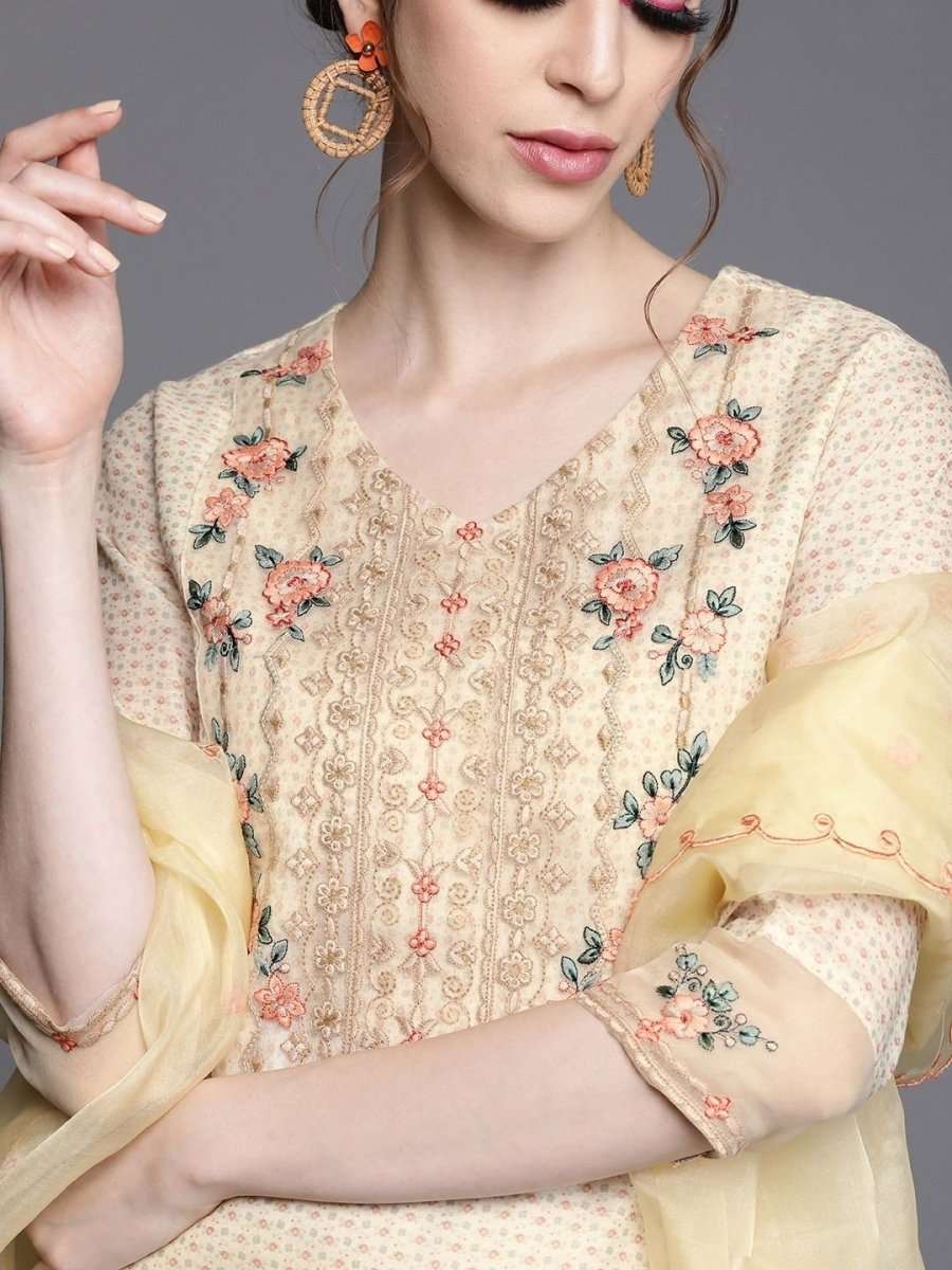 Beige Chanderi Cotton Printed Straight Cut Suit - inddus-us