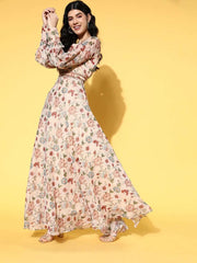 Beige Chiffon Floral Printed Gown with Embellished Belt - Inddus.com