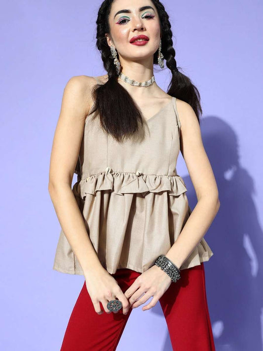 Beige Cotton Blend Solid Crop Top - Inddus.com