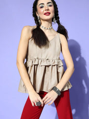 Beige Cotton Blend Solid Crop Top - Inddus.com