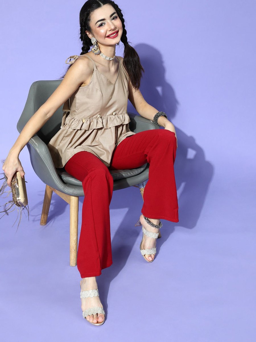 Beige Cotton Blend Solid Crop Top - Inddus.com