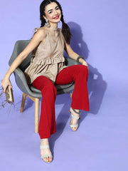 Beige Cotton Blend Solid Crop Top - Inddus.com