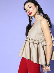 Beige Cotton Blend Solid Crop Top - Inddus.com