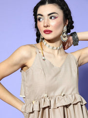 Beige Cotton Blend Solid Crop Top - Inddus.com