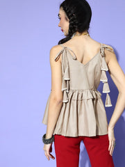 Beige Cotton Blend Solid Crop Top - Inddus.com