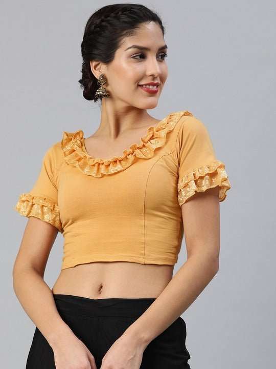 Beige Cotton Stretchable Saree Blouse With Ruffles - Inddus.com
