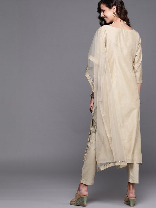 Beige Embroidered Kurta with Pants and Dupatta - Inddus.com