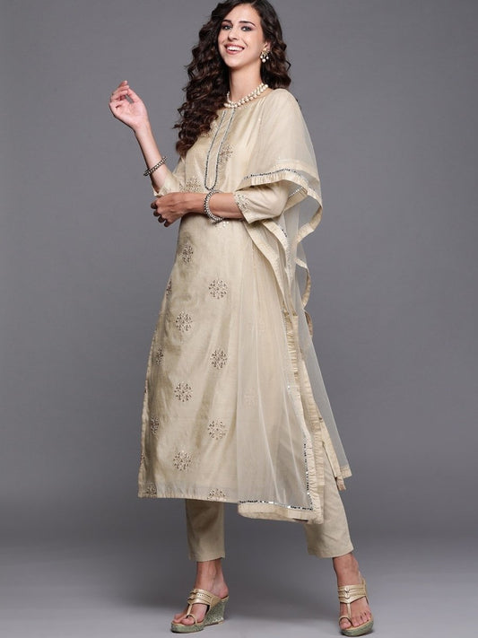 Beige Embroidered Kurta with Pants and Dupatta - Inddus.com