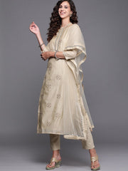 Beige Embroidered Kurta with Pants and Dupatta - Inddus.com