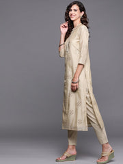 Beige Embroidered Kurta with Pants and Dupatta - Inddus.com