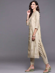 Beige Embroidered Kurta with Pants and Dupatta - Inddus.com