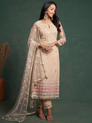 Beige Embroidered Partywear Straight-Cut-Suit - Inddus.com