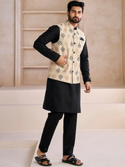 Beige Ethnic Motifs Woven Design Nehru Jacket - Inddus.com