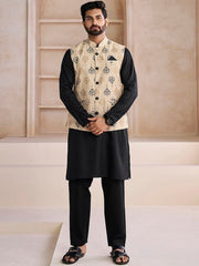 Beige Ethnic Motifs Woven Design Nehru Jacket - Inddus.com