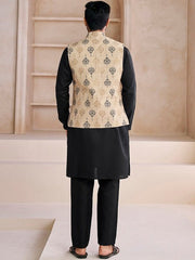 Beige Ethnic Motifs Woven Design Nehru Jacket - Inddus.com