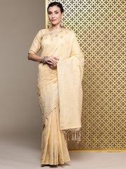 Beige Ethnic Motifs Zari Linen Blend Banarasi Saree - Inddus.com