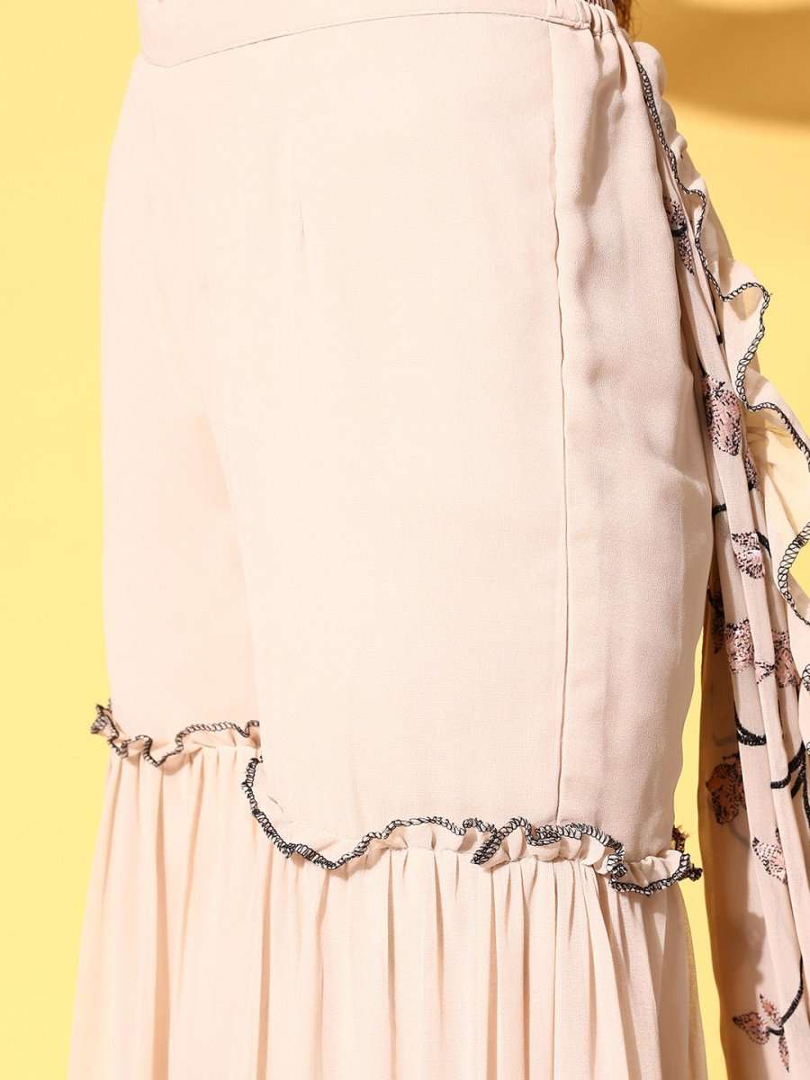Beige Floral Embroidered Sharara Drape Ruffle Saree with Blouse - Inddus.com
