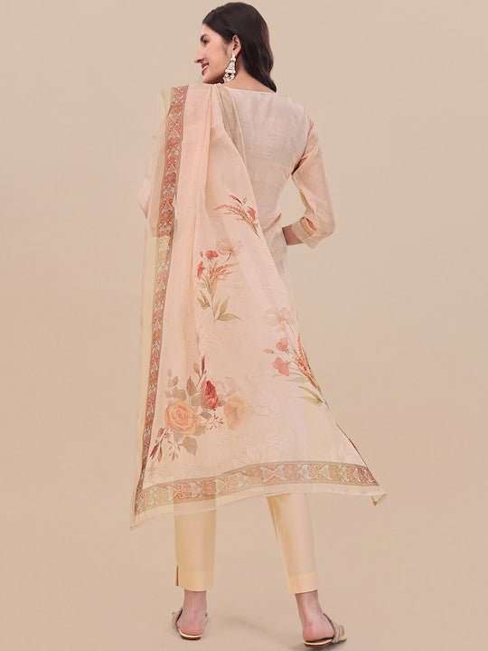 Beige Floral Printed Keyhole Neck Kurta & Trousers With Dupatta - Inddus.com