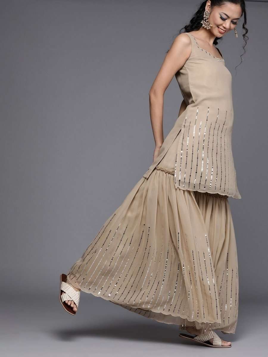 Beige Georgette Mirror Work Sharara Suit - inddus-us