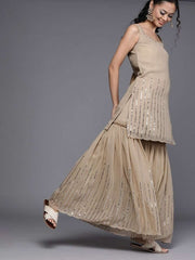 Beige Georgette Mirror Work Sharara Suit - inddus-us