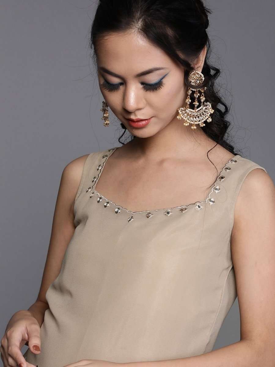 Beige Georgette Mirror Work Sharara Suit - inddus-us