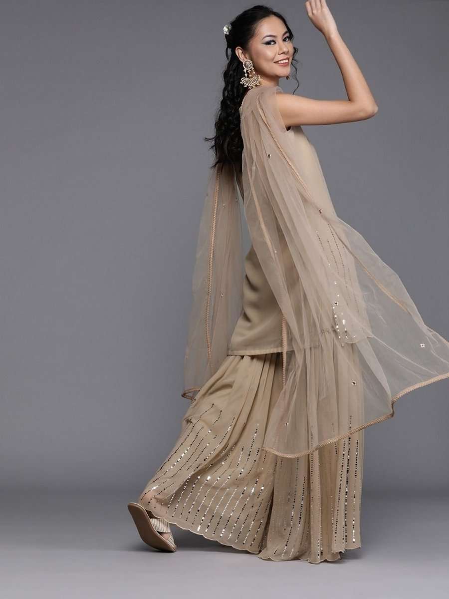 Beige Georgette Mirror Work Sharara Suit - inddus-us