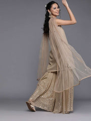 Beige Georgette Mirror Work Sharara Suit - inddus-us