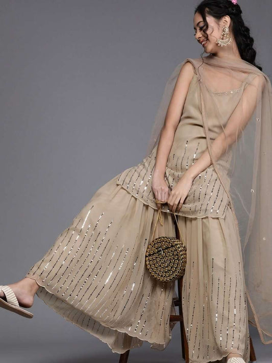 Beige Georgette Mirror Work Sharara Suit - inddus-us