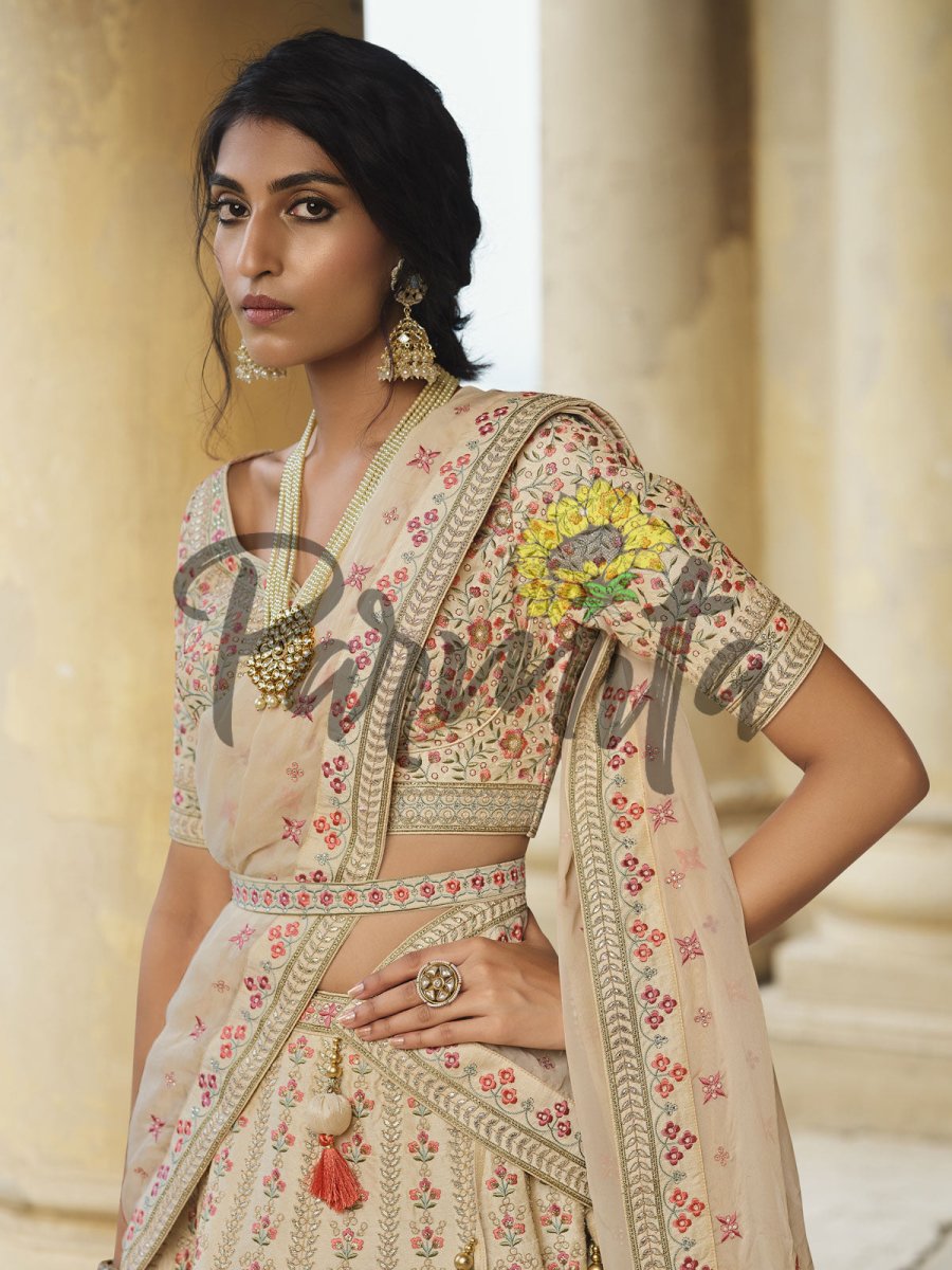 Beige Hand Embroidered Lehenga Choli Set - Inddus.com