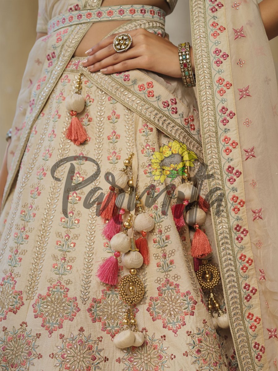 Beige Hand Embroidered Lehenga Choli Set - Inddus.com